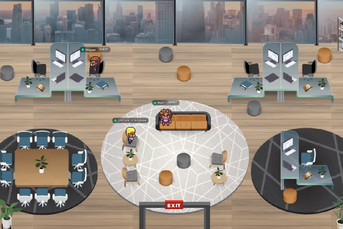 Screenshot of a virtual office designed to appear as if it overlooks a large city