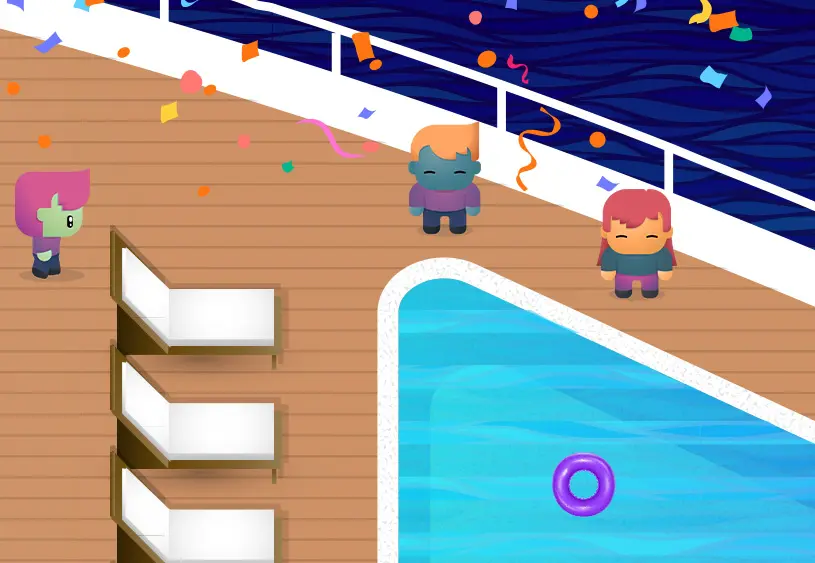Screenshot of a virtual event taking place on a large yacht, with confetti falling from the sky