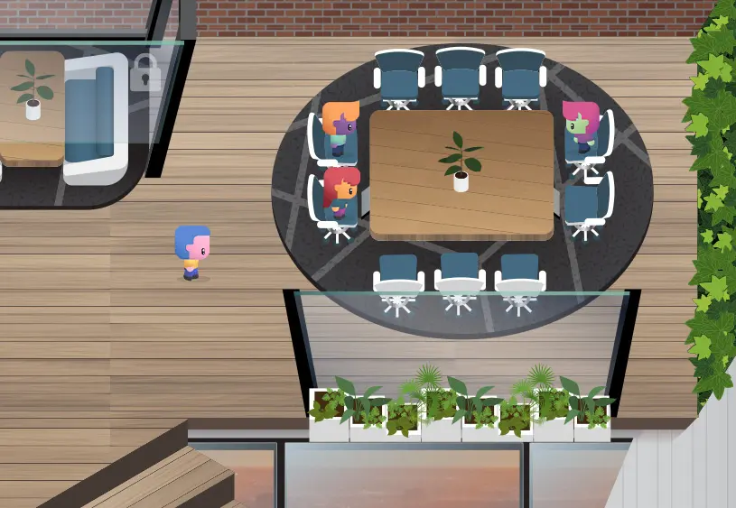Screenshot of a virtual meeting space centered around a square wooden table