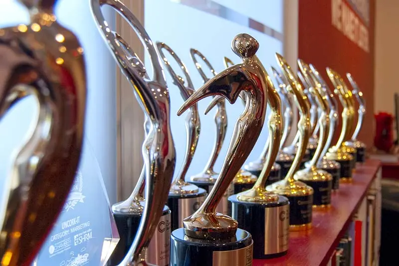 Photograph of the awards Uncork-it has won for its work